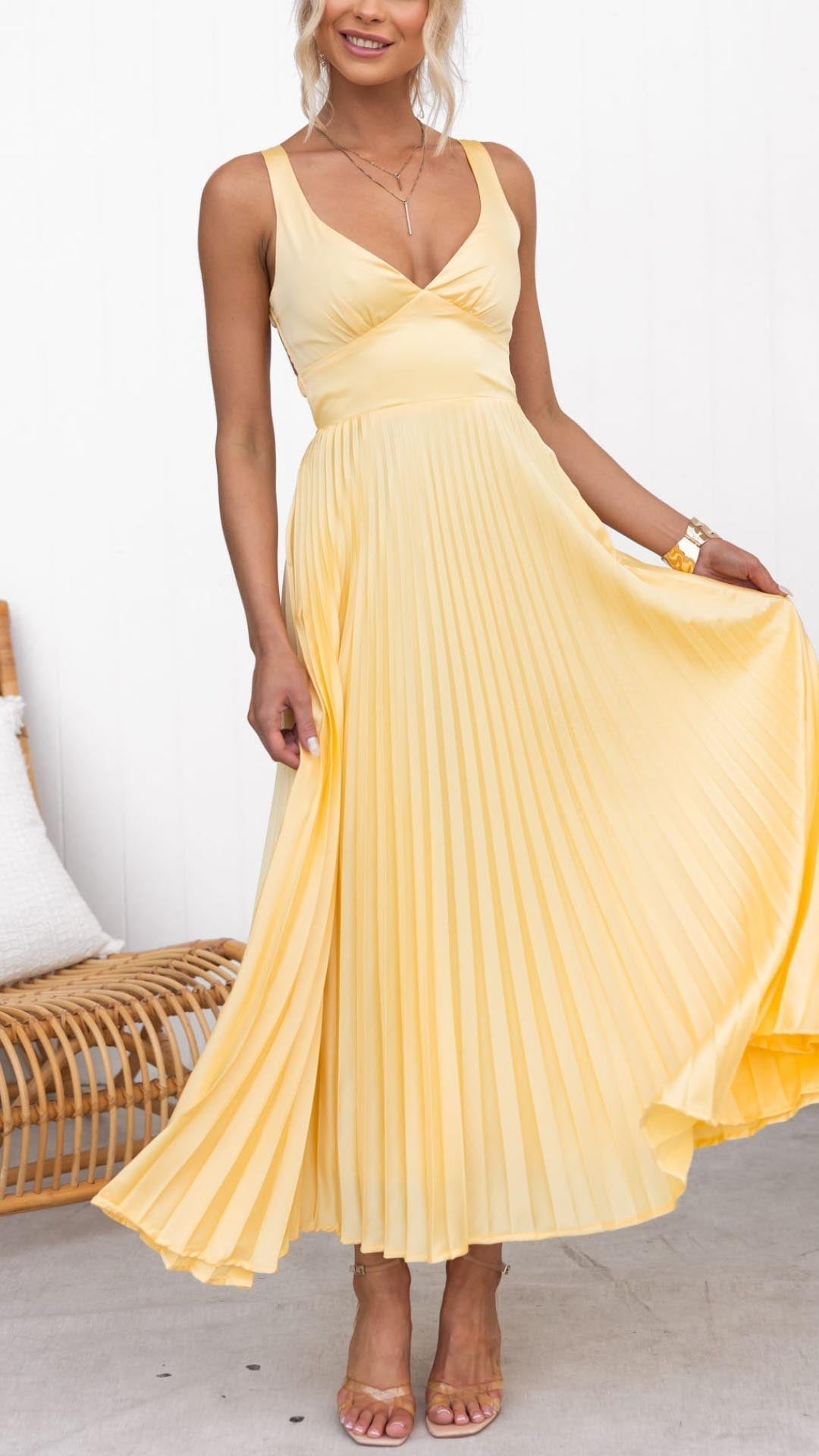 Aby | Abito Maxi Plissé Giallo con Scollatura a V