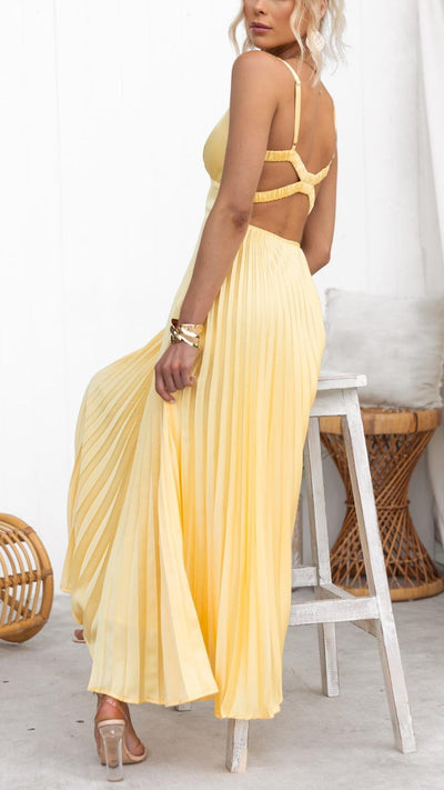 Aby | Abito Maxi Plissé Giallo con Scollatura a V