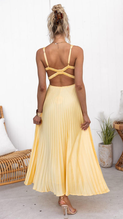 Aby | Abito Maxi Plissé Giallo con Scollatura a V